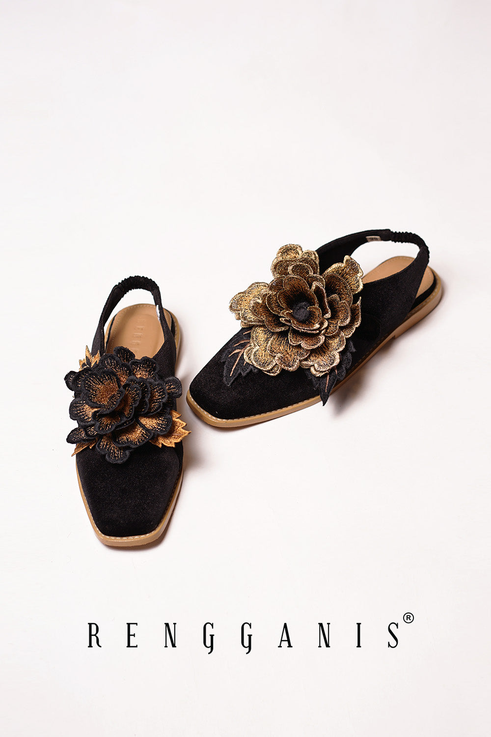 Velvet Bloom Flat Slip-Ons in Black