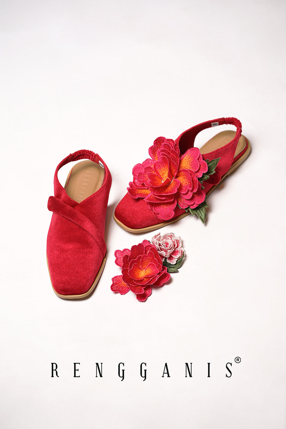 Velvet Bloom Flat Slip-Ons in Red