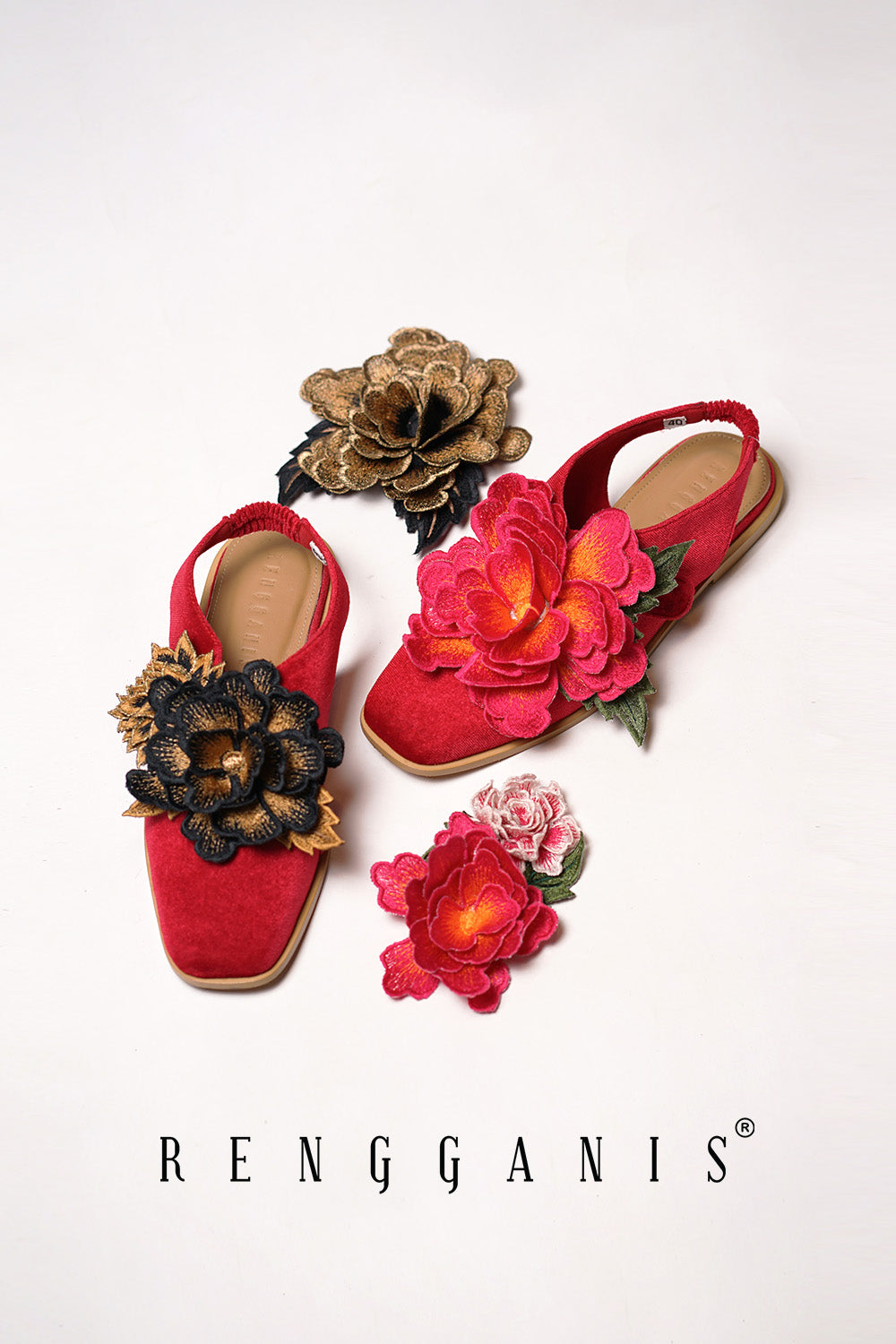Velvet Bloom Flat Slip-Ons in Red