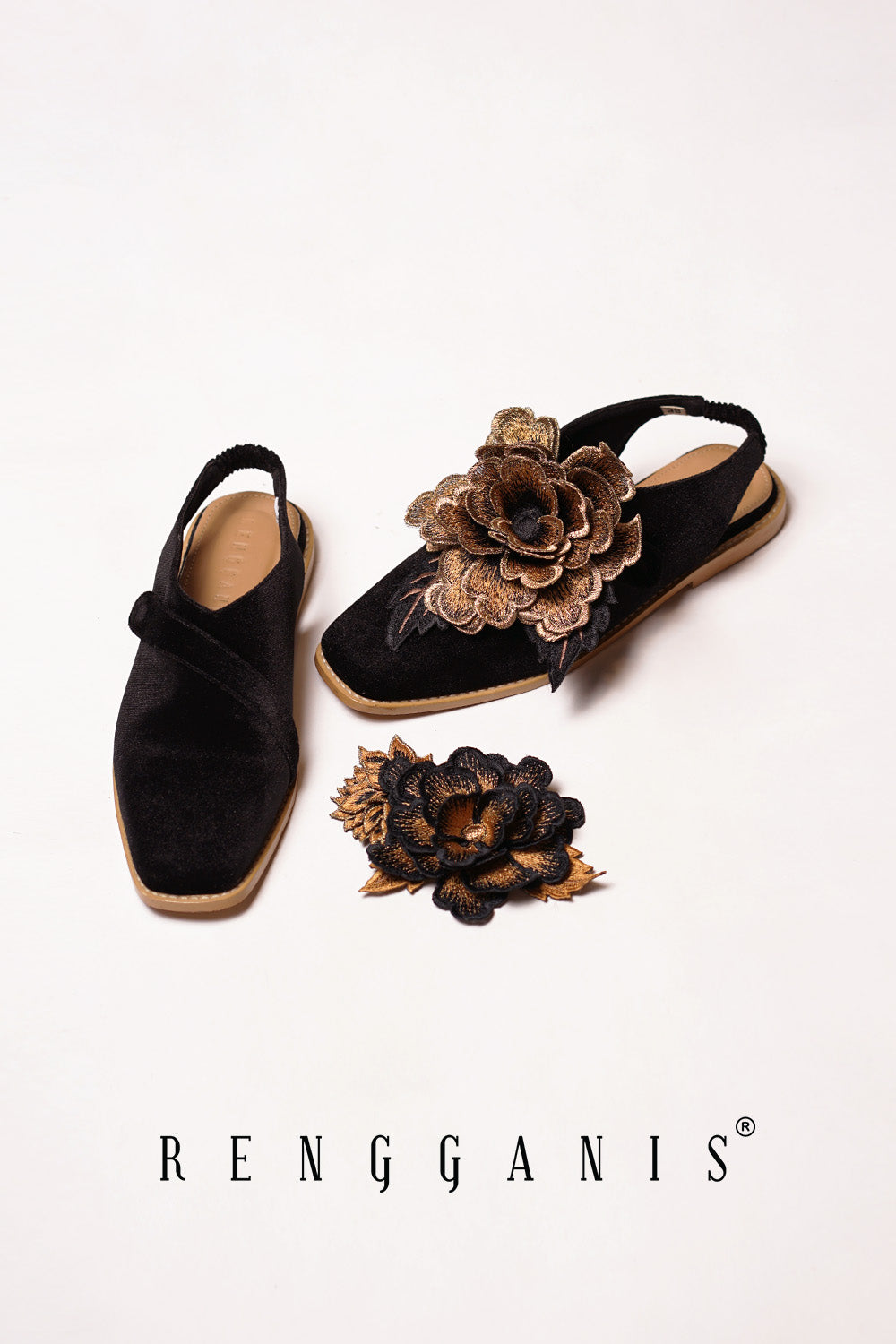 Velvet Bloom Flat Slip-Ons in Black