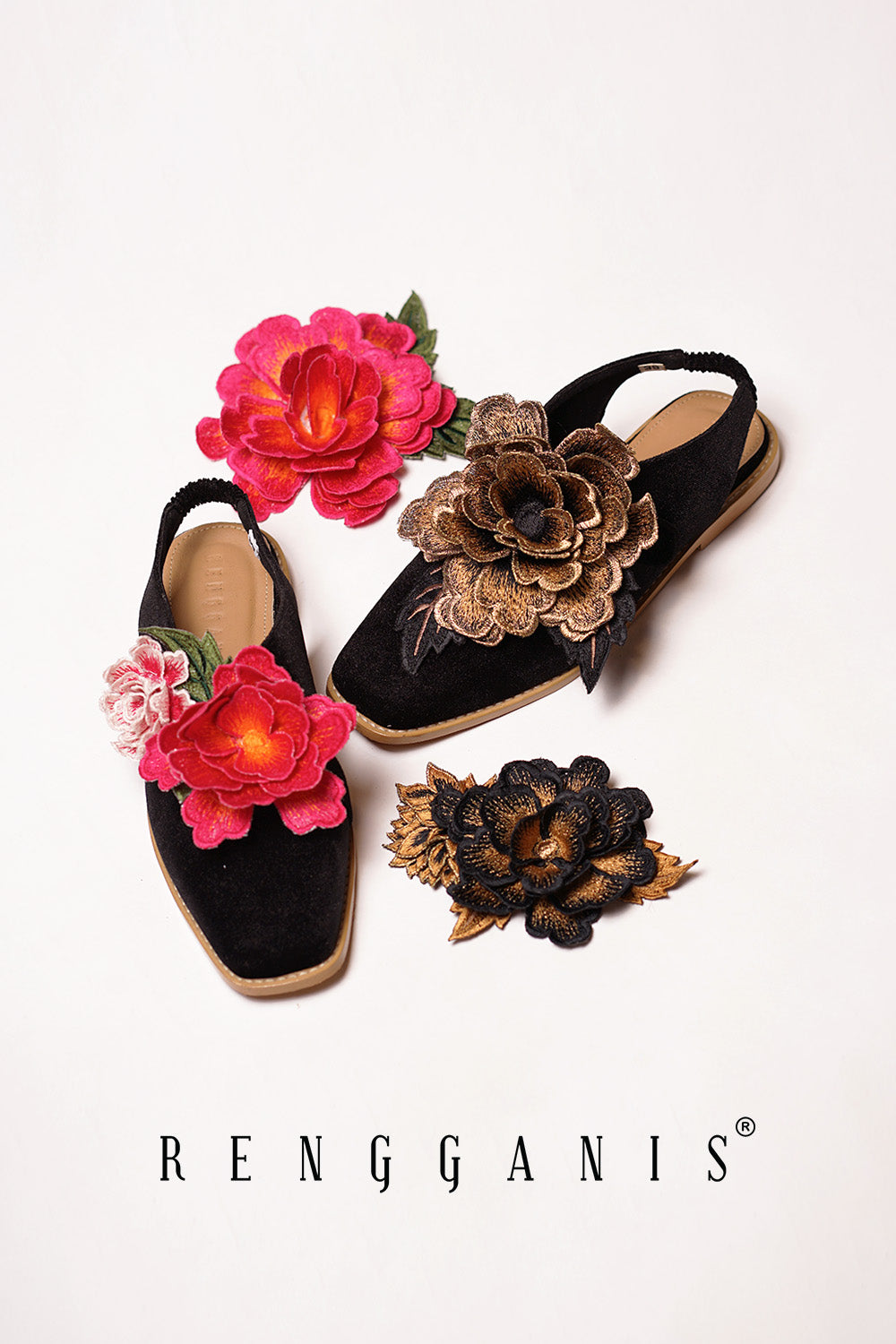 Velvet Bloom Flat Slip-Ons in Black