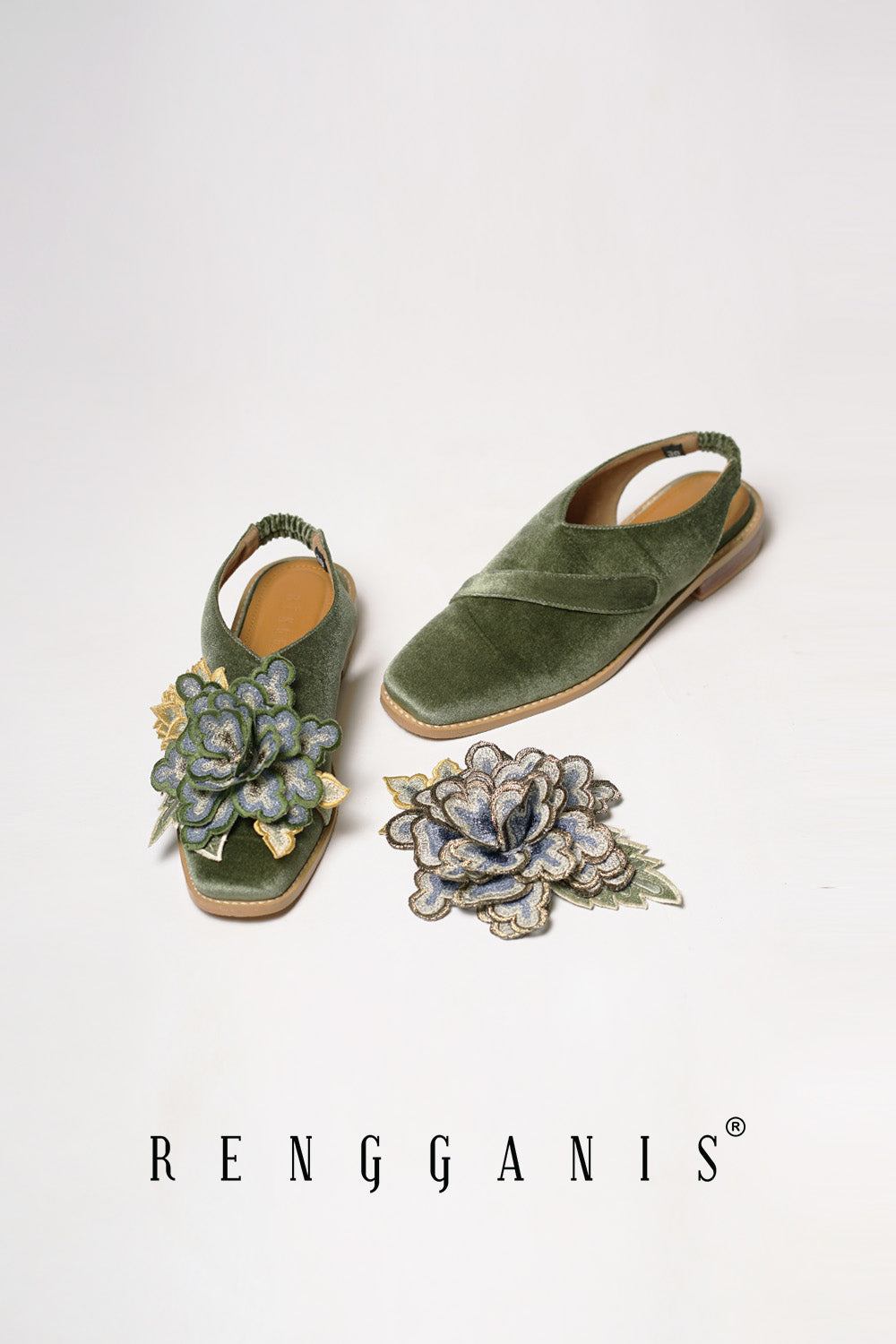 Velvet Bloom Slip-Ons in Olive Green with 2.5cm Heels