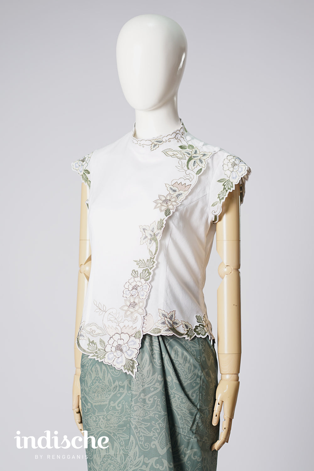 Cap Sleeved Kebaya Beskap Peonies in White