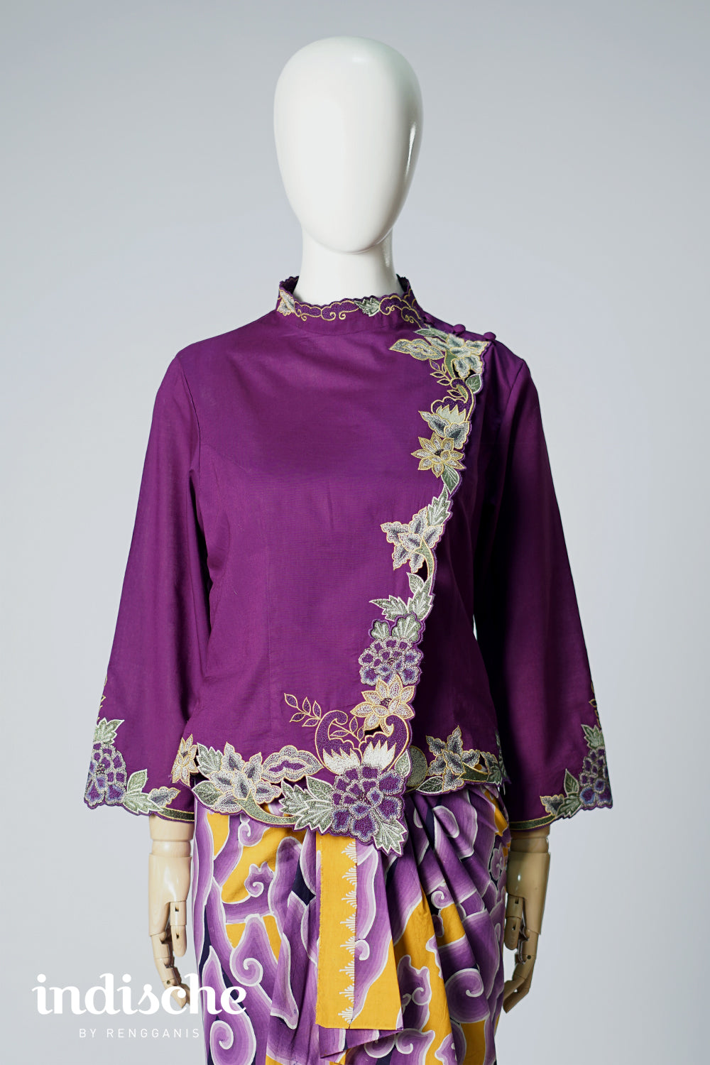 Long Sleeved Kebaya Beskap Peonies in Dark Purple