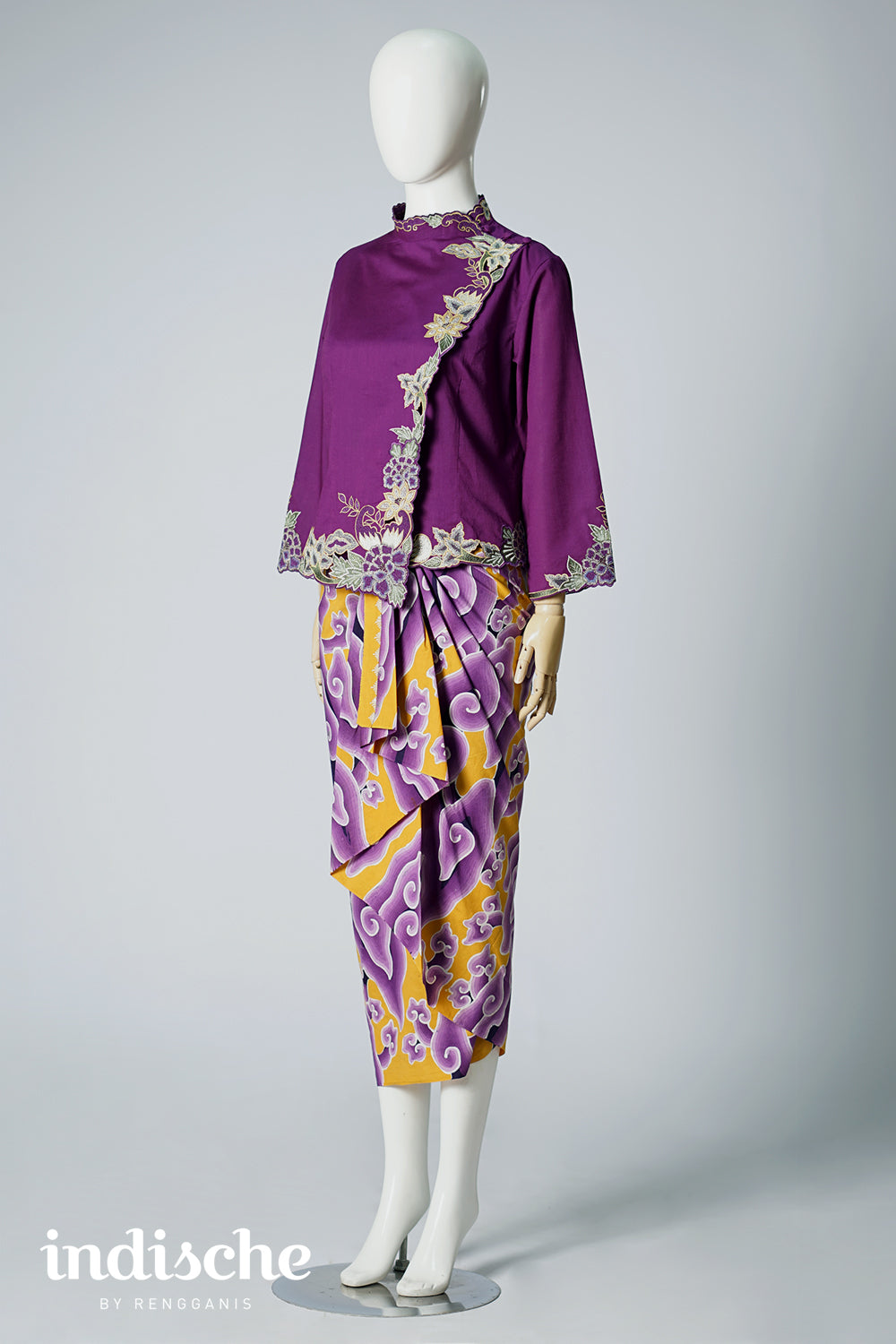 Long Sleeved Kebaya Beskap Peonies in Dark Purple