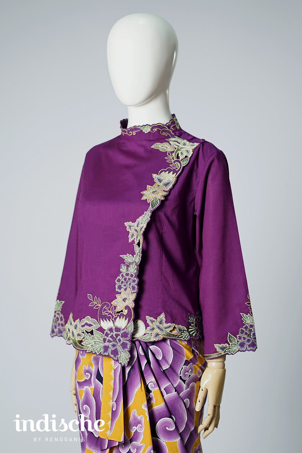 Long Sleeved Kebaya Beskap Peonies in Dark Purple