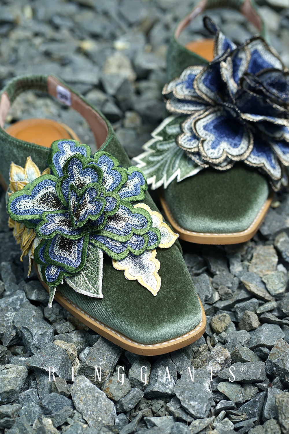 Velvet Bloom Slip-Ons in Olive Green