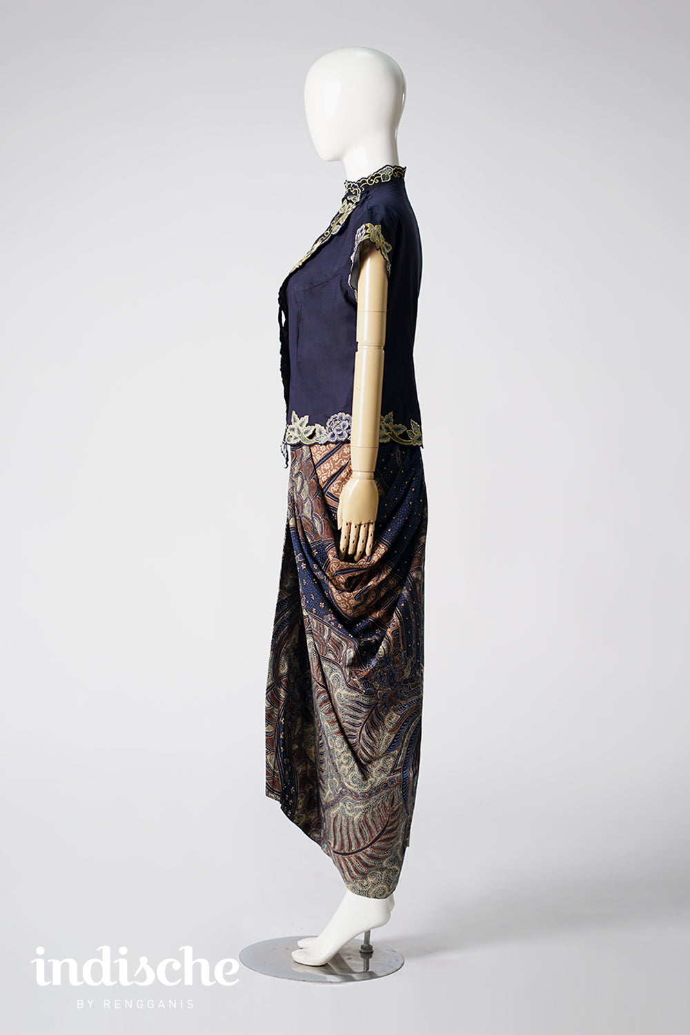 Cap Sleeved Kebaya Beskap Peonies in Navy Blue
