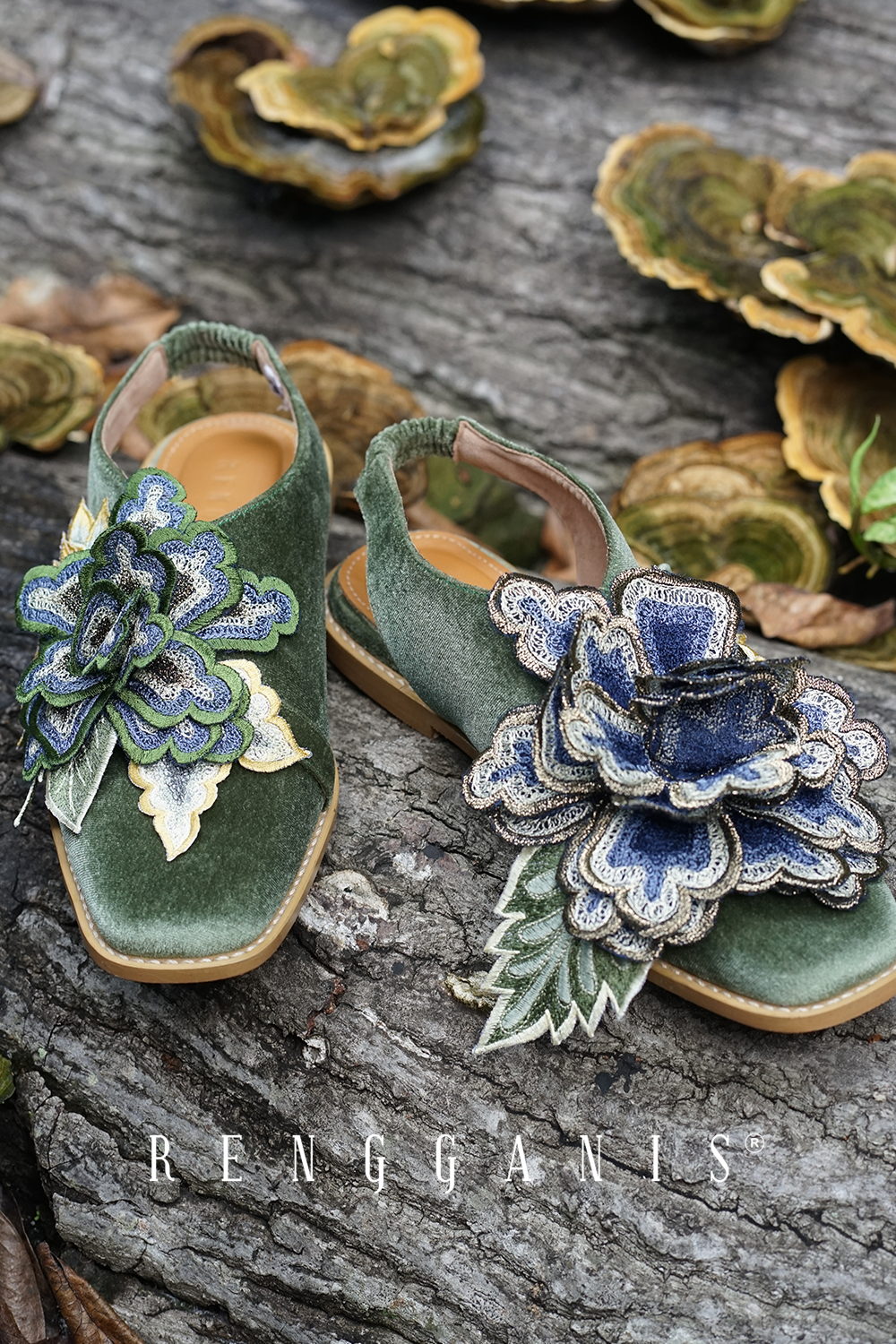 Velvet Bloom Slip-Ons in Olive Green