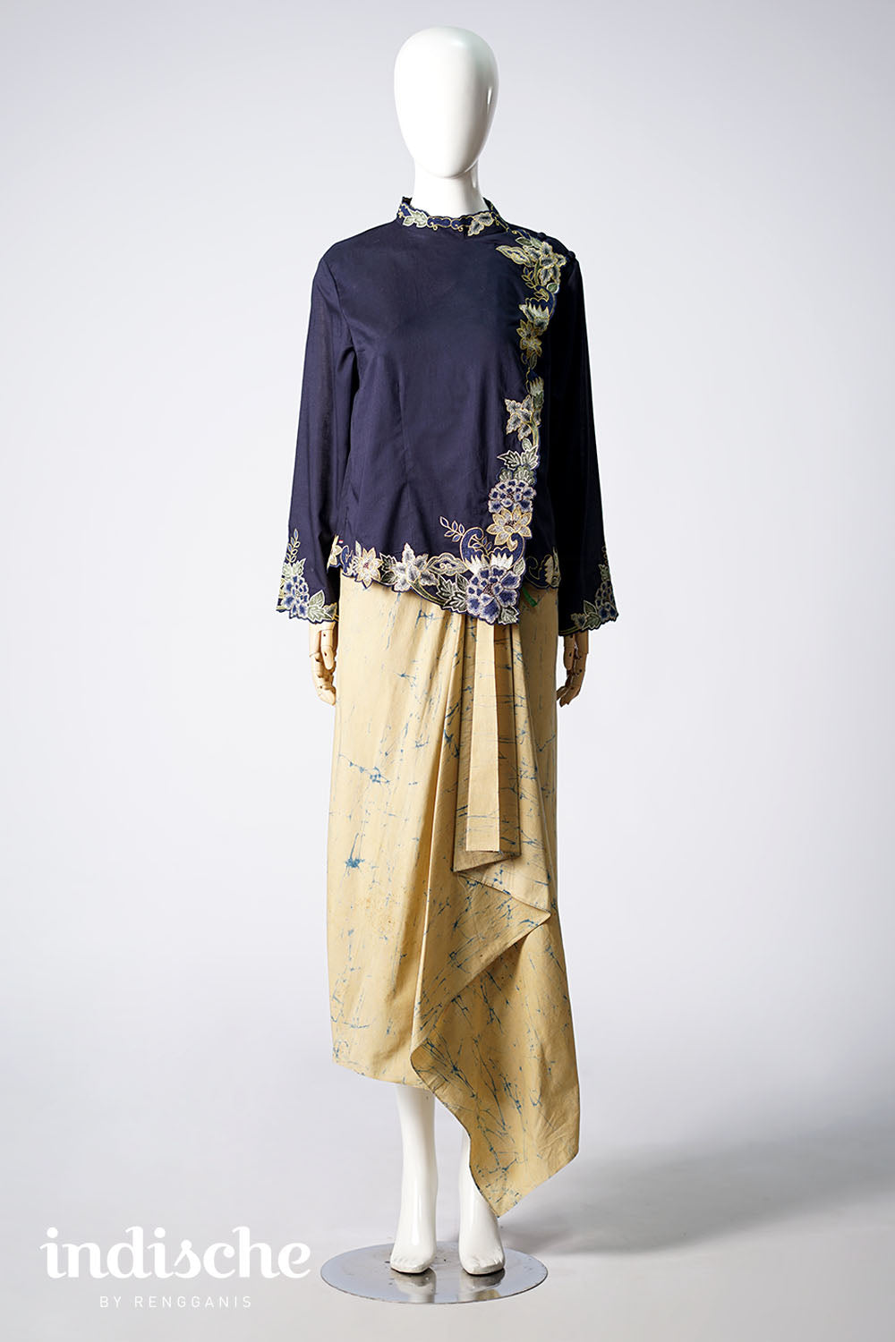 Long Sleeved Kebaya Beskap Peonies in Navy Blue