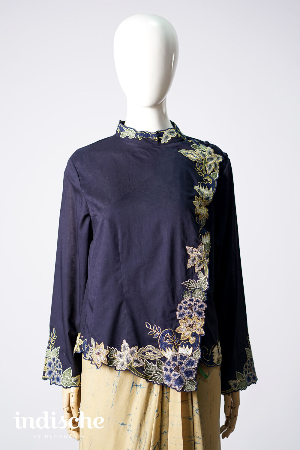 Long Sleeved Kebaya Beskap Peonies in Navy Blue