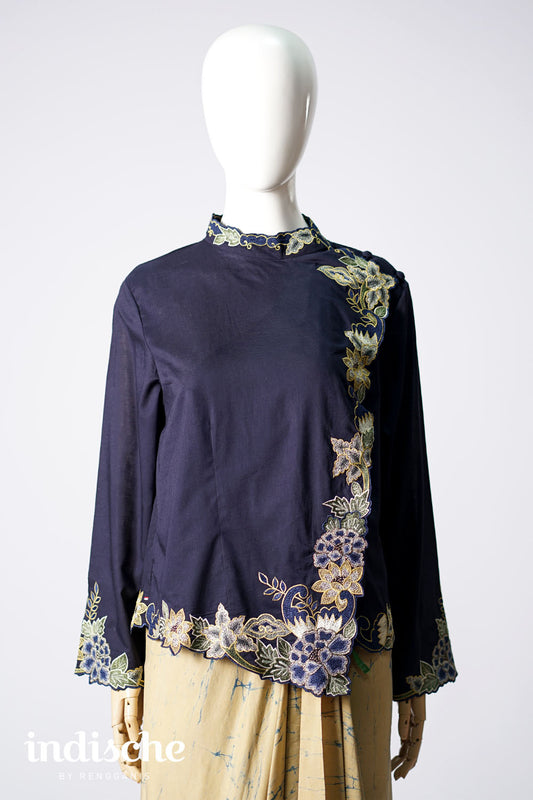 Long Sleeved Kebaya Beskap Peonies in Navy Blue