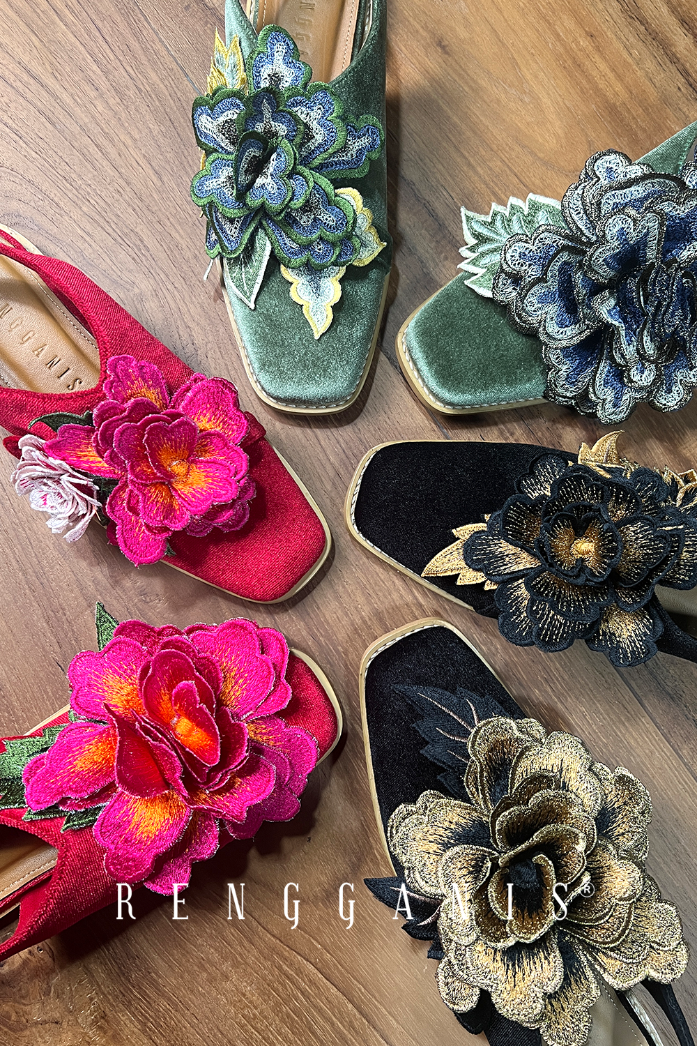 Velvet Bloom Slip-Ons in Olive Green