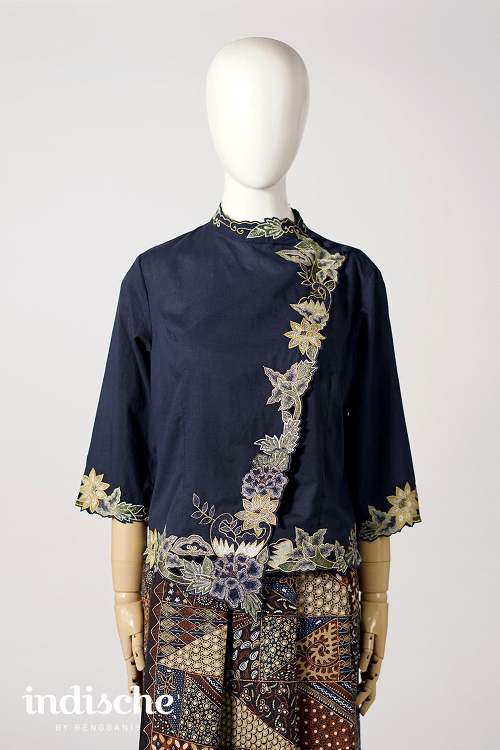 3/4 Sleeved Kebaya Beskap Peonies in Navy Blue