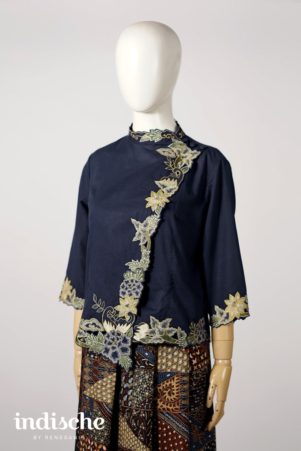 3/4 Sleeved Kebaya Beskap Peonies in Navy Blue