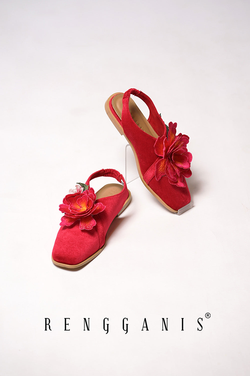 Velvet Bloom Flat Slip-Ons in Red