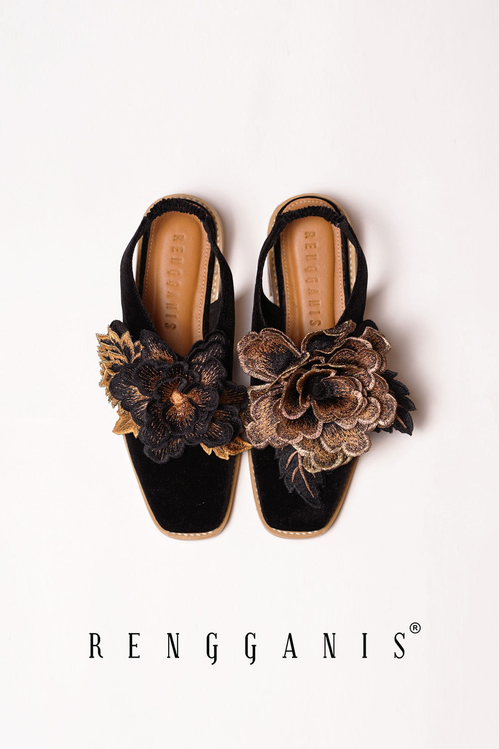 Velvet Bloom Flat Slip-Ons in Black