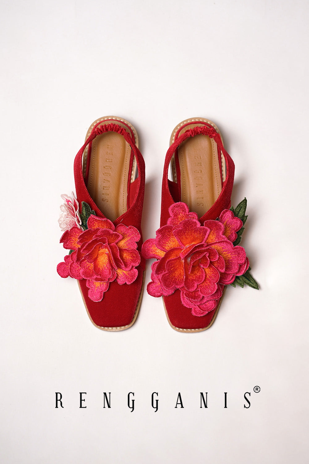 Velvet Bloom Slip-Ons in Red with 2.5cm Heels
