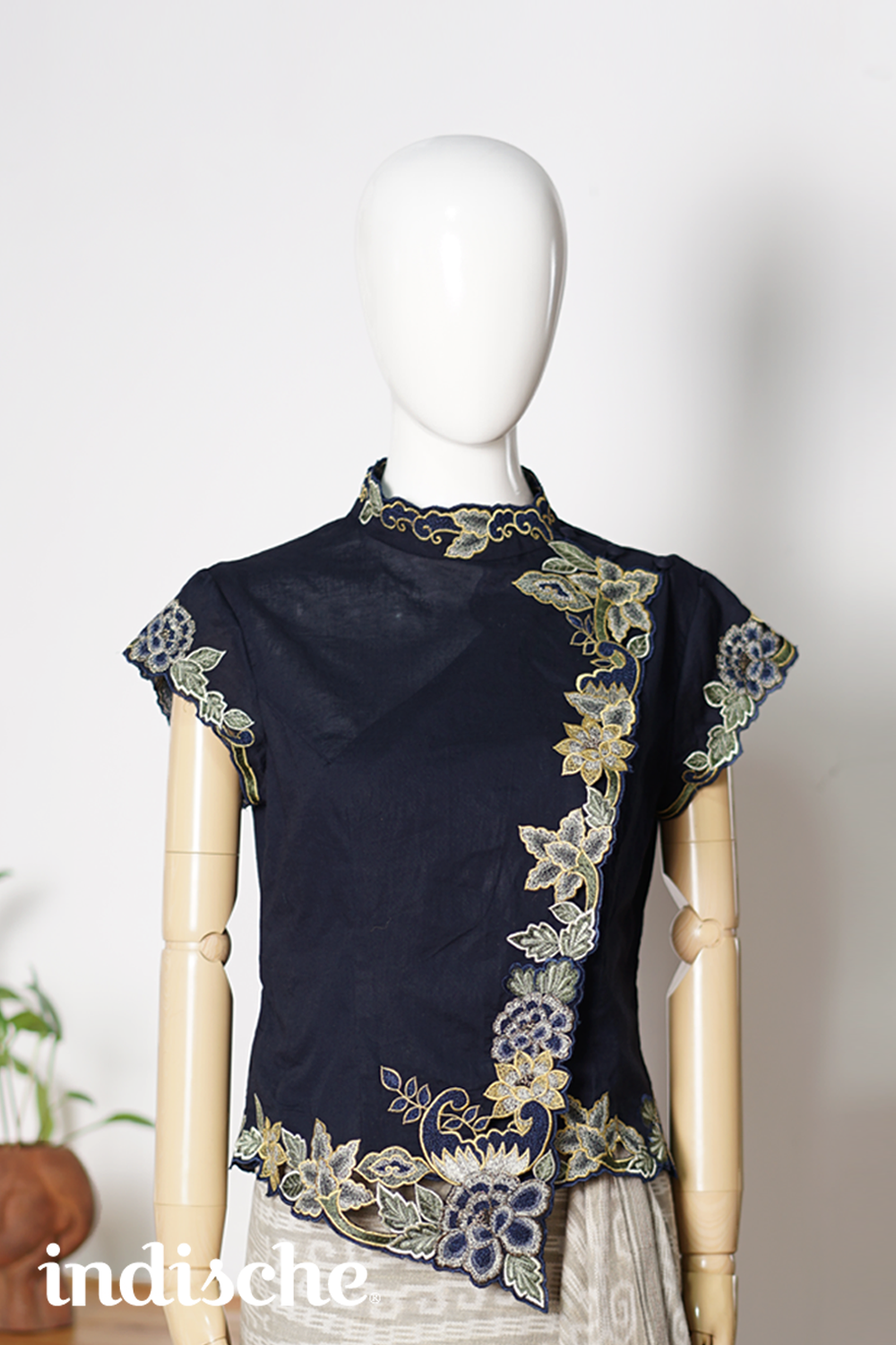 Cap Sleeved Kebaya Beskap Peonies in Navy Blue