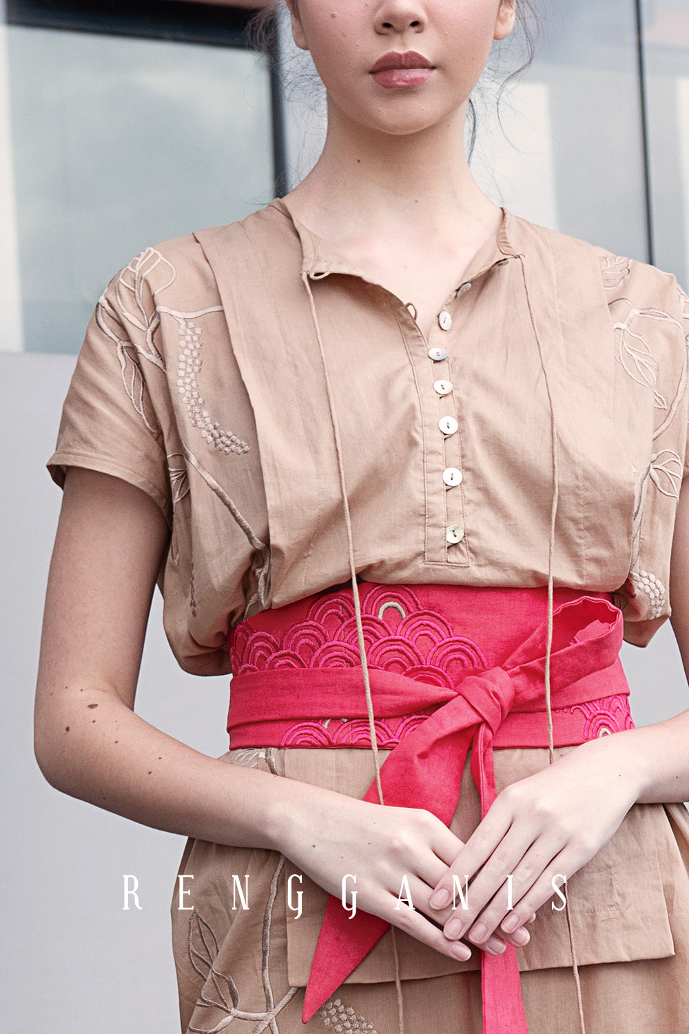 Linen Sisik Obi Belt in Coral Red